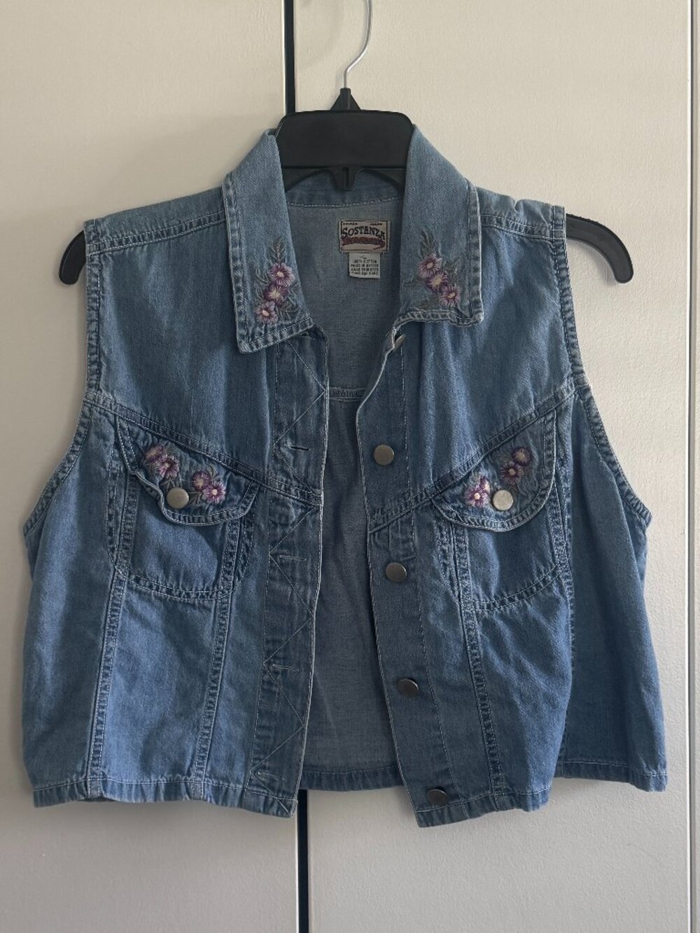 Vintage Sostanza Classic denim vest with 90s-style embroidery